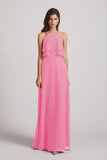 Alfa Bridal Hot Pink A-line Chiffon Jewel Flounced Top Bridesmaid Dresses (AF0057)