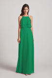 Alfa Bridal Shamrock Green A-line Chiffon Jewel Flounced Top Bridesmaid Dresses (AF0057)