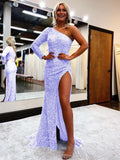 Lavender Sheath One Shoulder Long Sleeves Long Sweep Train Velvet Sequin Prom Dress (AF1002)