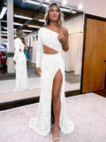 White Mermaid One Shoulder Long Sleeves Long Sweep Train Velvet Sequin Prom Dress (AF1006)