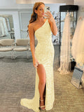 Champagne Sheath One Shoulder Sleeveless Long Sweep Train Velvet Sequin Prom Dress (AF1001)