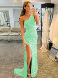 Green Blue 41 Sheath One Shoulder Sleeveless Long Sweep Train Velvet Sequin Prom Dress (AF1001)