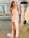Pink Sheath One Shoulder Sleeveless Long Sweep Train Velvet Sequin Prom Dress (AF1001)