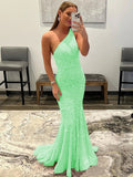 Green Blue 41 Sheath One Shoulder Sleeveless Long Sweep Train Velvet Sequin Prom Dress (AF1004)