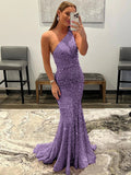 Purple Sheath One Shoulder Sleeveless Long Sweep Train Velvet Sequin Prom Dress (AF1004)