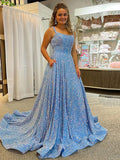 Blue A-Line Scoop Sleeveless Long Court Train Velvet Sequin Prom Dress (AF1052)