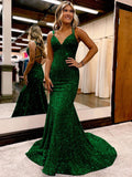 Dark Green Sheath V-Neck Sleeveless Long Sweep Train Velvet Sequin Prom Dress (AF1005)