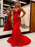 Red Sheath V-Neck Sleeveless Long Sweep Train Velvet Sequin Prom Dress (AF1005)