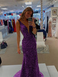 Plum Purple Sheath V-Neck Sleeveless Long Sweep Train Velvet Sequin Prom Dress (AF1007)