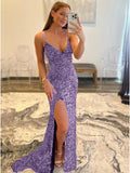 Purple Sheath V-Neck Sleeveless Long Sweep Train Velvet Sequin Prom Dress (AF1008)