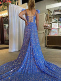 Blue A-Line V-Neck Sleeveless Long Court Train Velvet Sequin Prom Dress (AF1082)