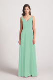 Alfa Bridal Mint Green V-Neck Spaghetti Straps Chiffon Bridesmaid Dresses With Back Tie (AF0002)