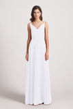 Alfa Bridal White V-Neck Spaghetti Straps Chiffon Bridesmaid Dresses With Back Tie (AF0002)