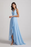 sky blue chiffon high low bridesmaid dresses