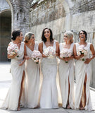 Alfa Bridal Sexy Long Chiffon Ivory Bridesmaid Dresses with High Slit and Front Ruffles (AF0375)