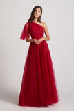 a-line red tulle gowns for bridesmaid