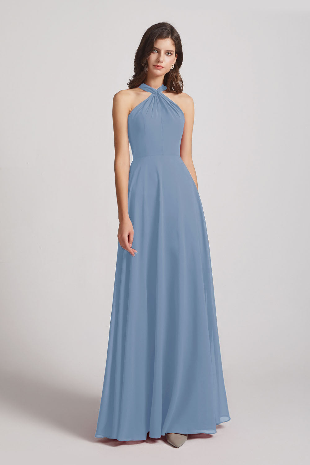 Alfa Bridal Dusty Blue Floor Length Chiffon Bridesmaid Dresses with Criss Cross Neckline (AF0113)