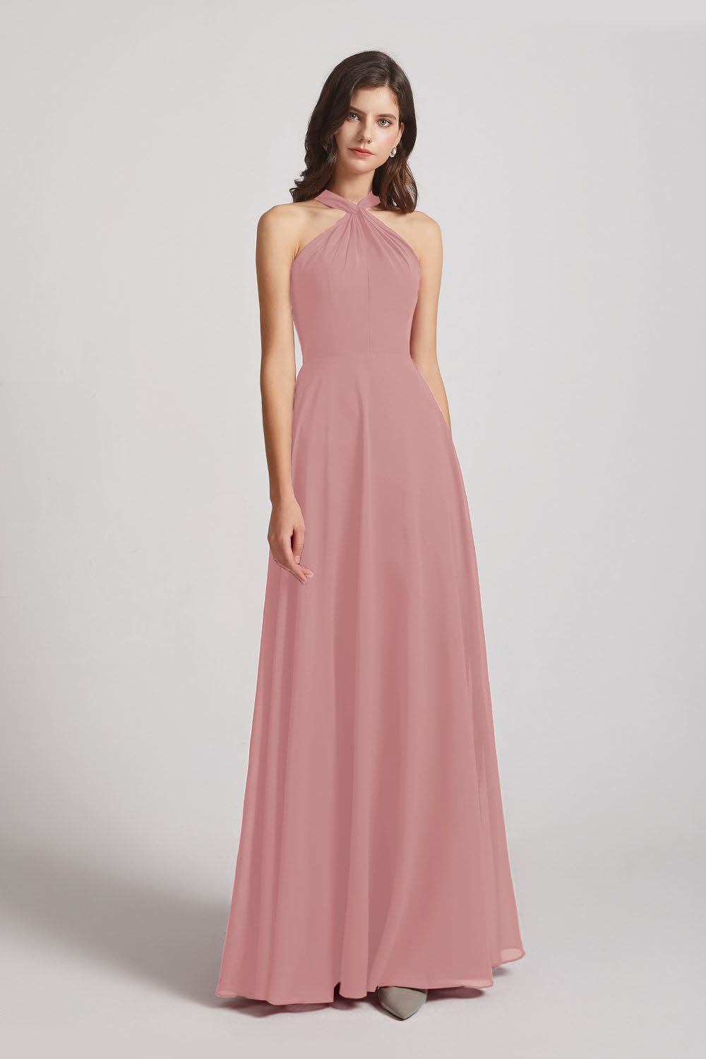 Alfa Bridal Dusty Pink Floor Length Chiffon Bridesmaid Dresses with Criss Cross Neckline (AF0113)