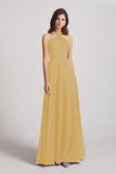 Alfa Bridal Gold Floor Length Chiffon Bridesmaid Dresses with Criss Cross Neckline (AF0113)
