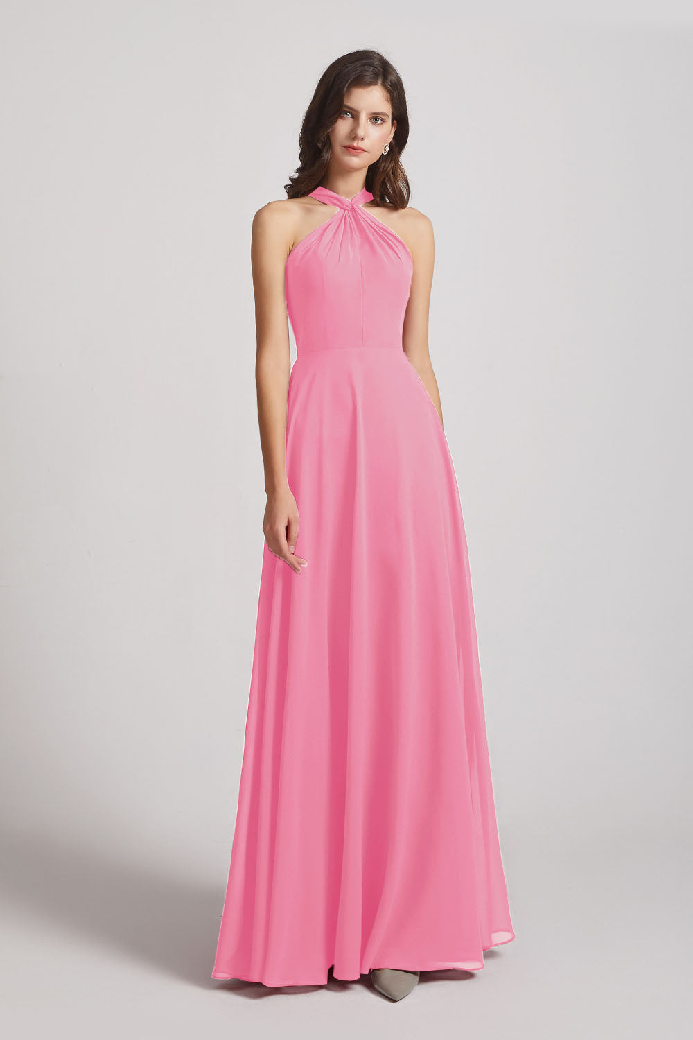 Alfa Bridal Hot Pink Floor Length Chiffon Bridesmaid Dresses with Criss Cross Neckline (AF0113)
