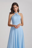 Alfa Bridal Light Sky Blue Floor Length Chiffon Bridesmaid Dresses with Criss Cross Neckline (AF0113)