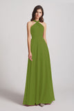 Alfa Bridal Olive Green Floor Length Chiffon Bridesmaid Dresses with Criss Cross Neckline (AF0113)