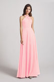 Alfa Bridal Pink Floor Length Chiffon Bridesmaid Dresses with Criss Cross Neckline (AF0113)
