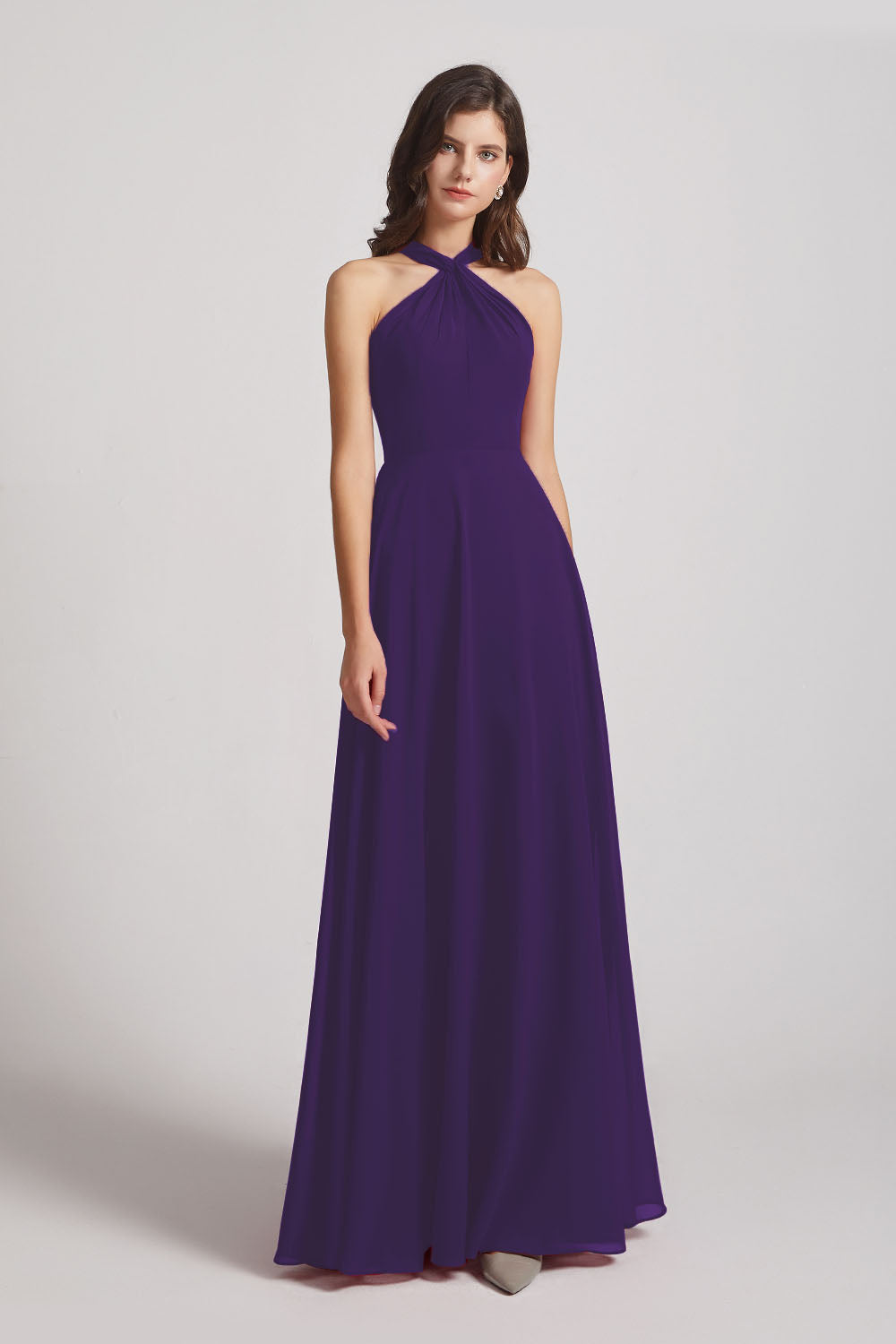 Alfa Bridal Purple Floor Length Chiffon Bridesmaid Dresses with Criss Cross Neckline (AF0113)