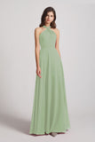 Alfa Bridal Smoke Green Floor Length Chiffon Bridesmaid Dresses with Criss Cross Neckline (AF0113)