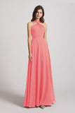 Alfa Bridal Watermelon Floor Length Chiffon Bridesmaid Dresses with Criss Cross Neckline (AF0113)