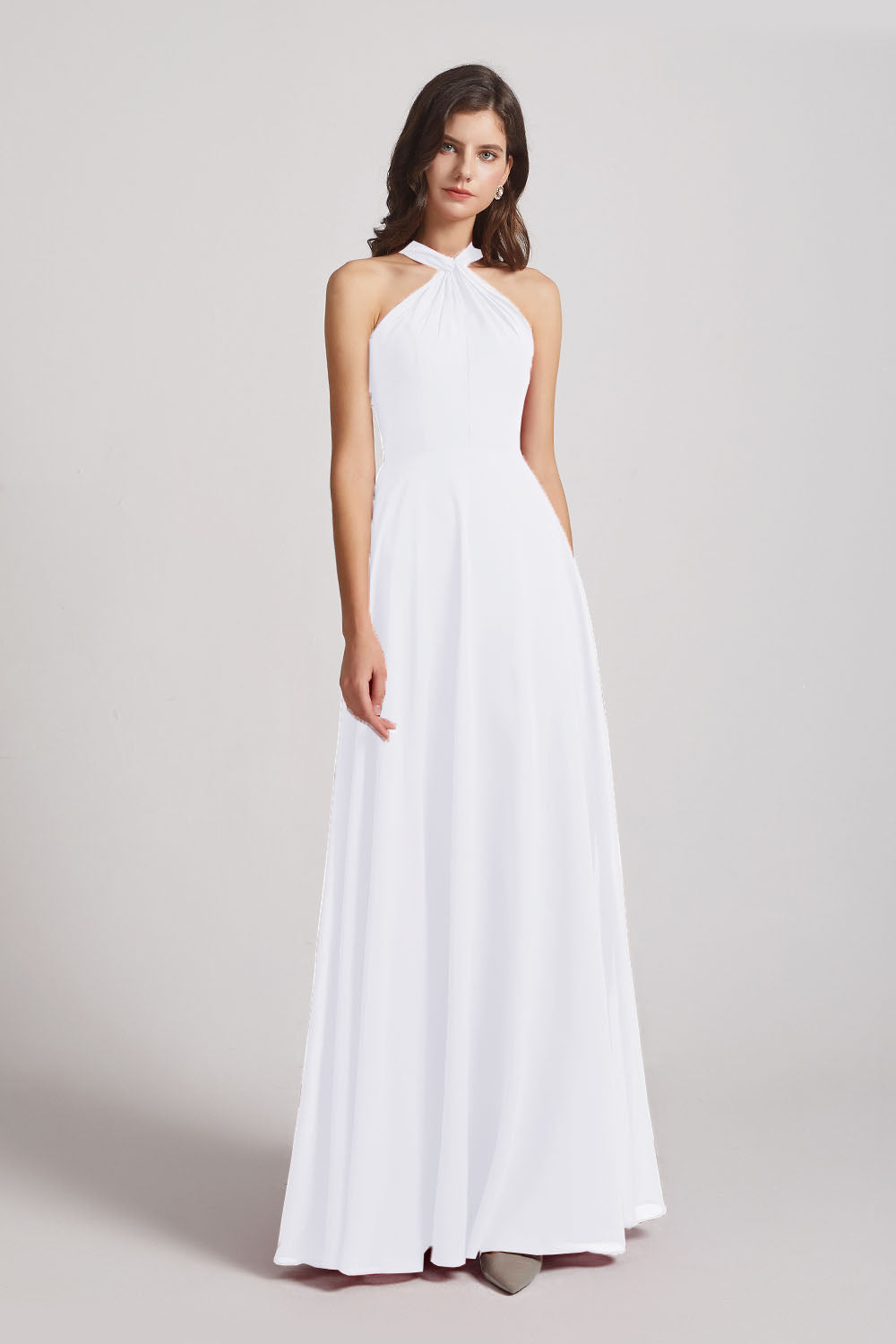 Alfa Bridal White Floor Length Chiffon Bridesmaid Dresses with Criss Cross Neckline (AF0113)