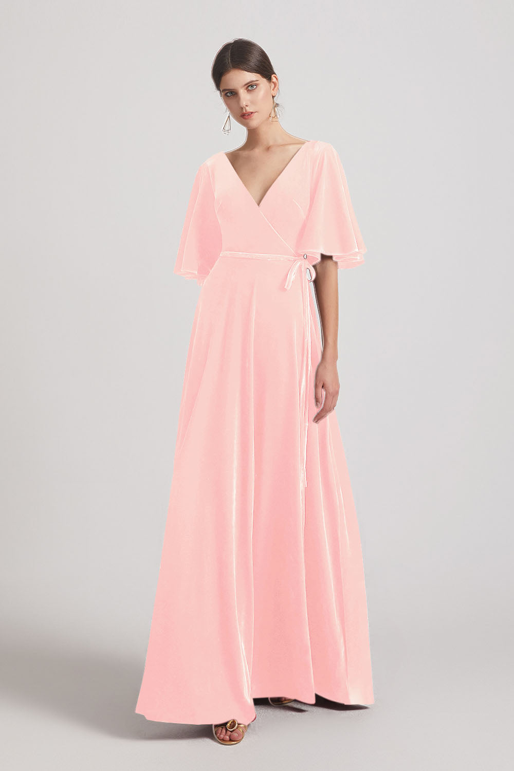 Velvet Maxi Bridesmaid Dresses With Elbow Length Flutter Sleeves (AF0124)