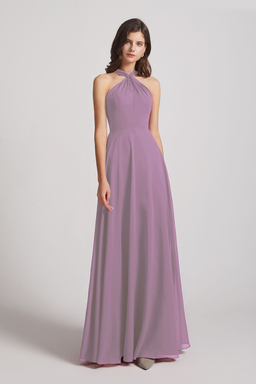 Alfa Bridal Dark Lavender A-Line Chiffon Cross Halter Neckline Bridesmaid Dresses (AF0114)