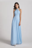 Alfa Bridal Light Sky Blue A-Line Chiffon Cross Halter Neckline Bridesmaid Dresses (AF0114)