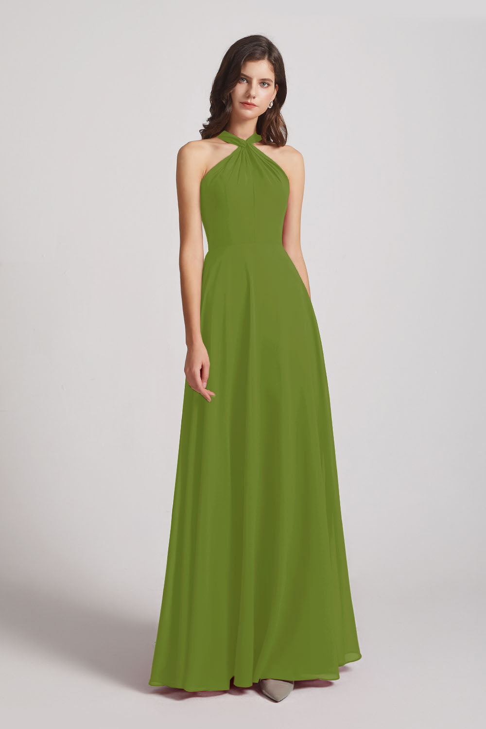 Alfa Bridal Olive Green A-Line Chiffon Cross Halter Neckline Bridesmaid Dresses (AF0114)