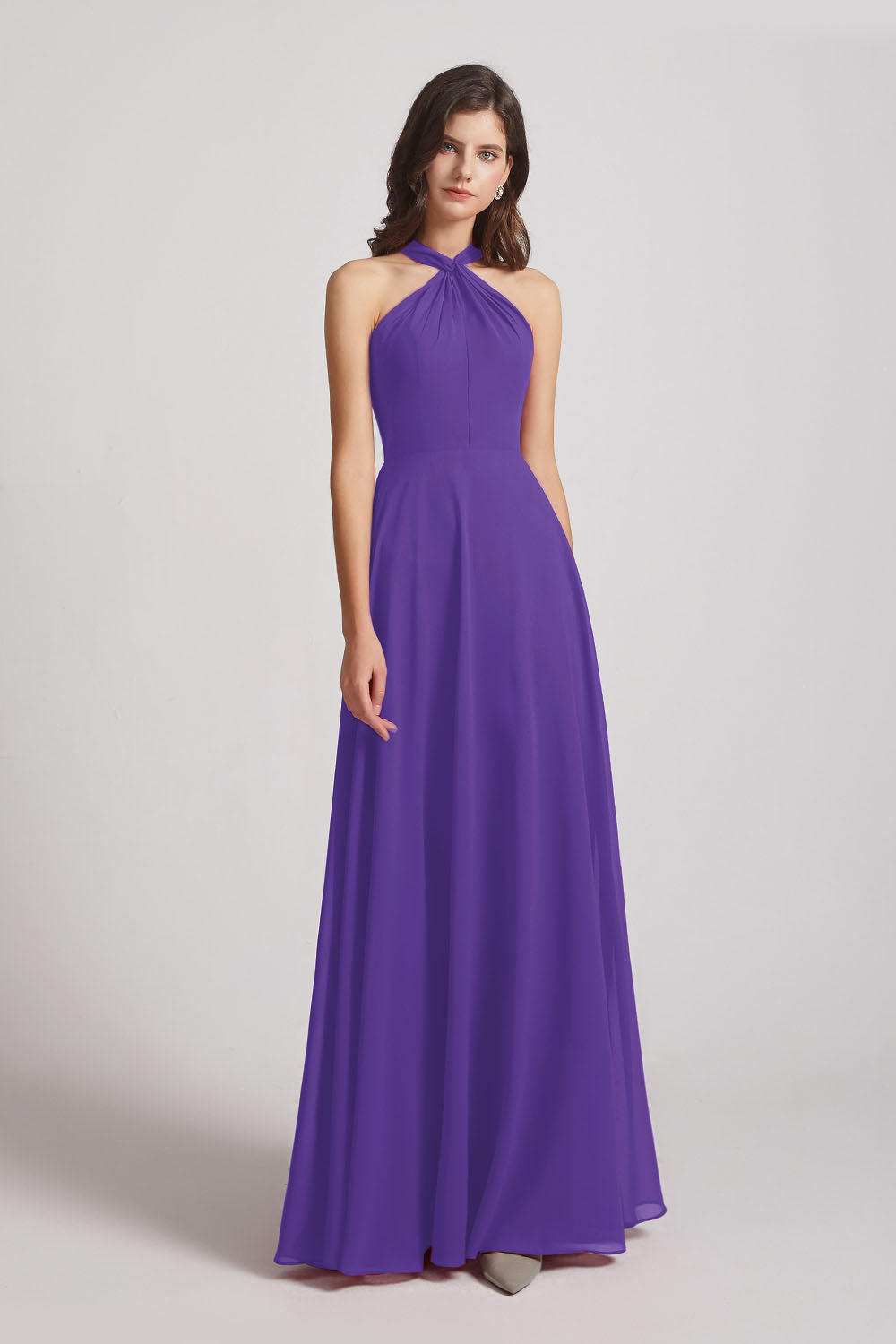 Alfa Bridal Purple A-Line Chiffon Cross Halter Neckline Bridesmaid Dresses (AF0114)