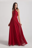 Alfa Bridal Dark Red A-Line Chiffon Cross Halter Neckline Bridesmaid Dresses (AF0114)