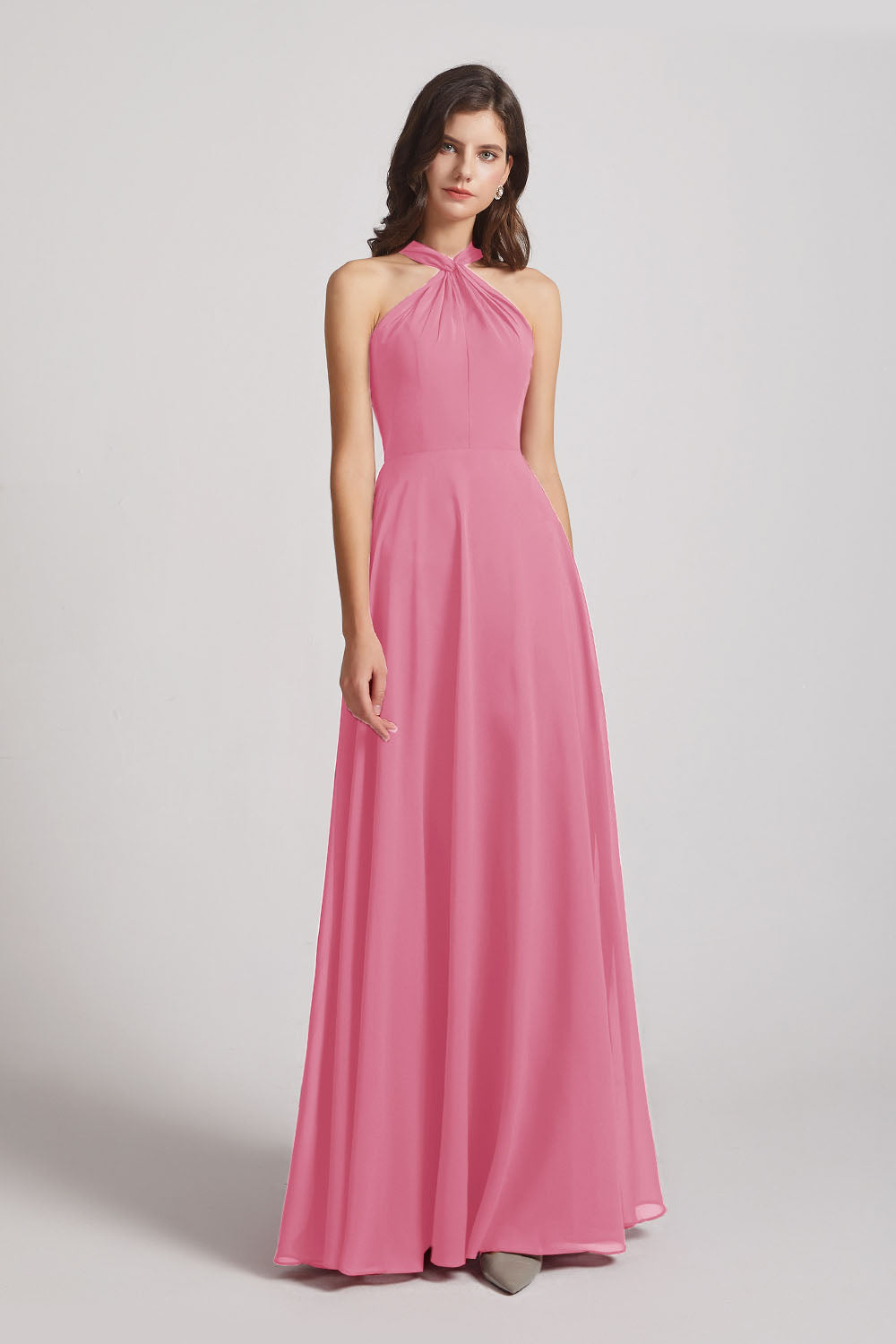 Alfa Bridal Skin Pink A-Line Chiffon Cross Halter Neckline Bridesmaid Dresses (AF0114)