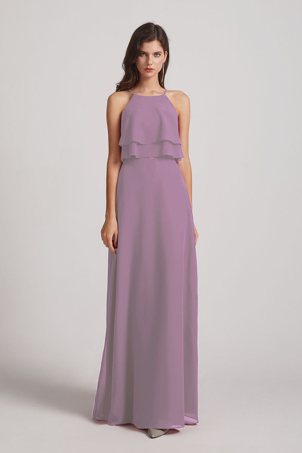 Alfa Bridal Dark Lavender A-line Chiffon Jewel Flounced Top Bridesmaid Dresses (AF0057)