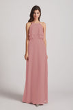 Alfa Bridal Dusty Pink A-line Chiffon Jewel Flounced Top Bridesmaid Dresses (AF0057)