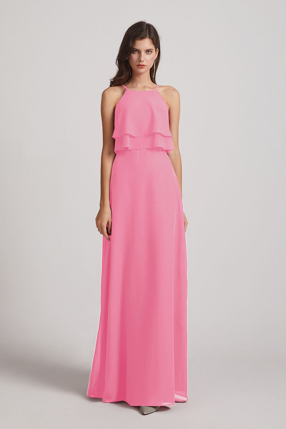 Alfa Bridal Hot Pink A-line Chiffon Jewel Flounced Top Bridesmaid Dresses (AF0057)