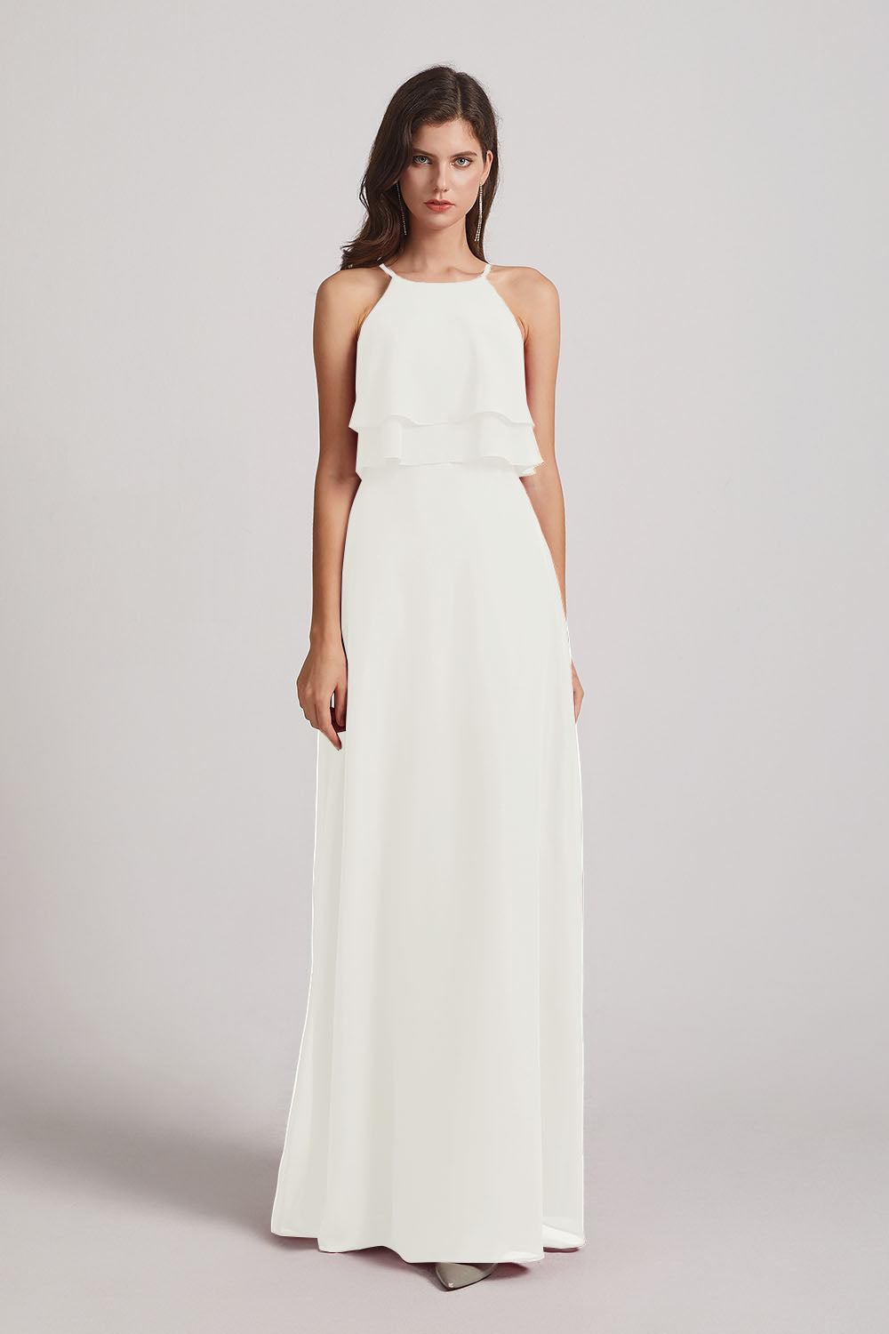 Alfa Bridal Ivory A-line Chiffon Jewel Flounced Top Bridesmaid Dresses (AF0057)
