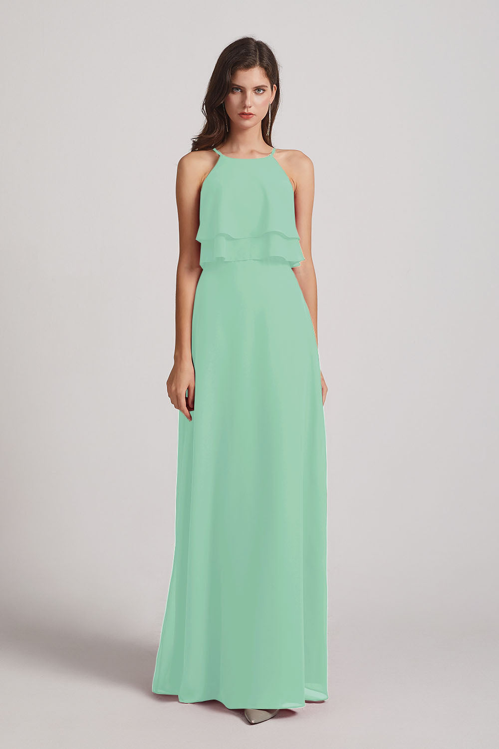 Alfa Bridal Mint Green A-line Chiffon Jewel Flounced Top Bridesmaid Dresses (AF0057)