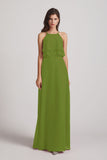Alfa Bridal Olive Green A-line Chiffon Jewel Flounced Top Bridesmaid Dresses (AF0057)