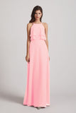 Alfa Bridal Pink A-line Chiffon Jewel Flounced Top Bridesmaid Dresses (AF0057)