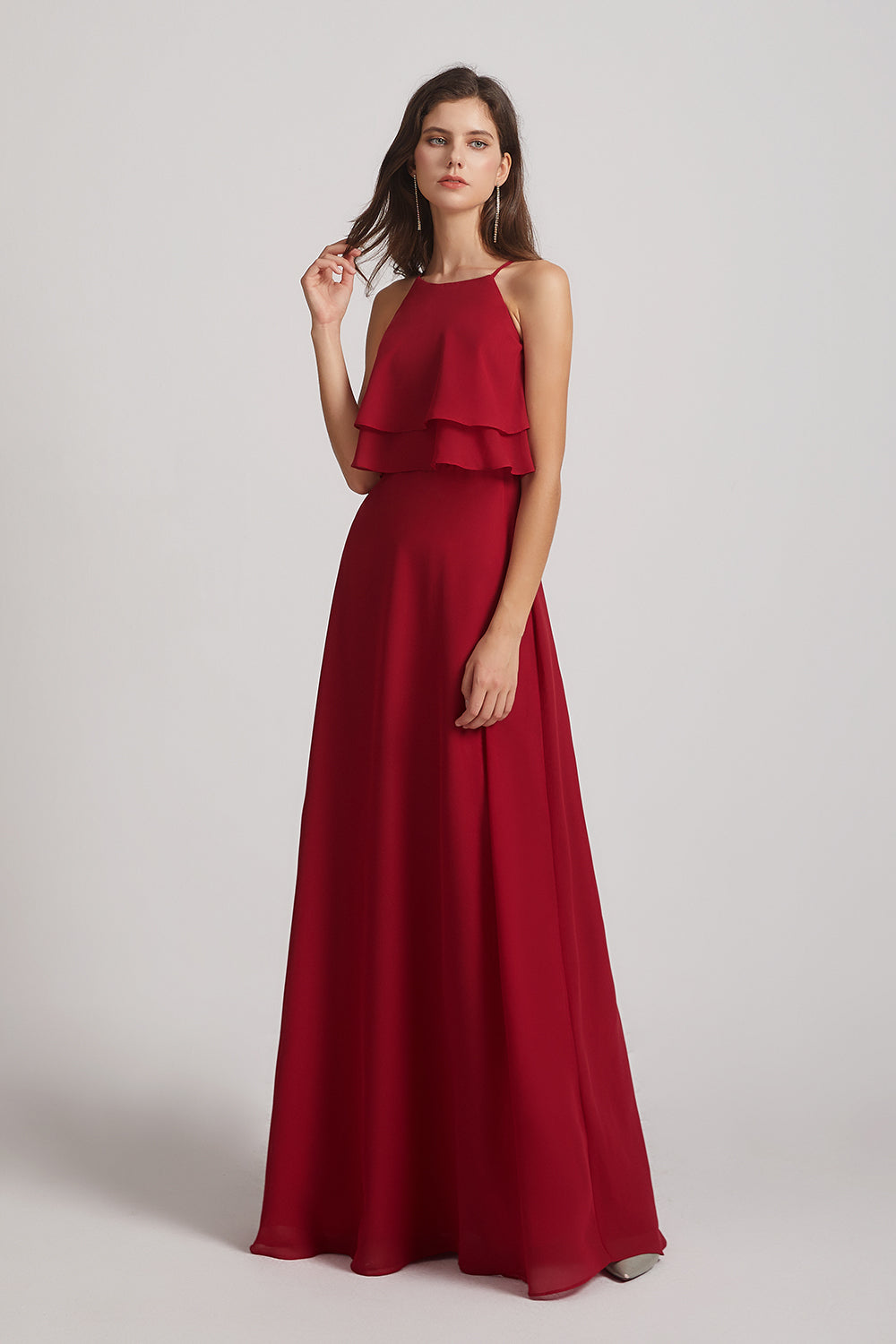 Alfa Bridal Dark Red A-line Chiffon Jewel Flounced Top Bridesmaid Dresses (AF0057)