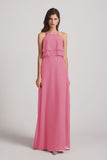 Alfa Bridal Skin Pink A-line Chiffon Jewel Flounced Top Bridesmaid Dresses (AF0057)