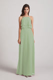 Alfa Bridal Smoke Green A-line Chiffon Jewel Flounced Top Bridesmaid Dresses (AF0057)