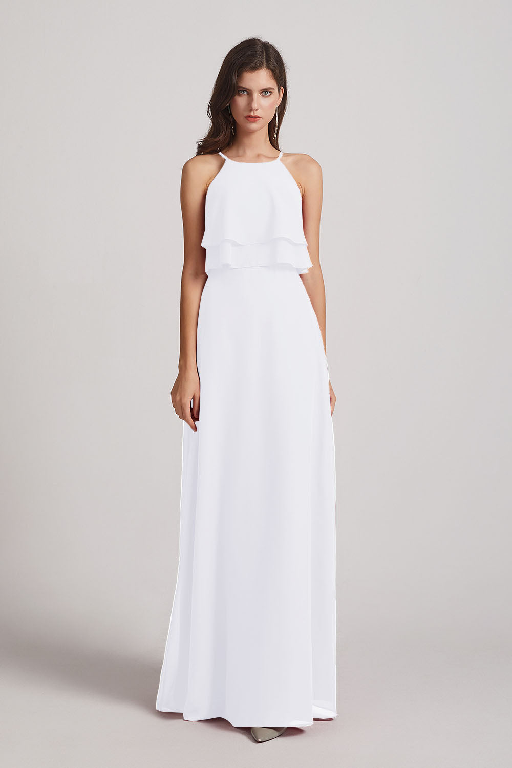Alfa Bridal White A-line Chiffon Jewel Flounced Top Bridesmaid Dresses (AF0057)