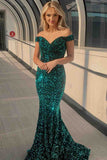 Dark Green Mermaid Off the Shoulder Sleeveless Long Floor Length Velvet Sequin Prom Dress (AF1102)